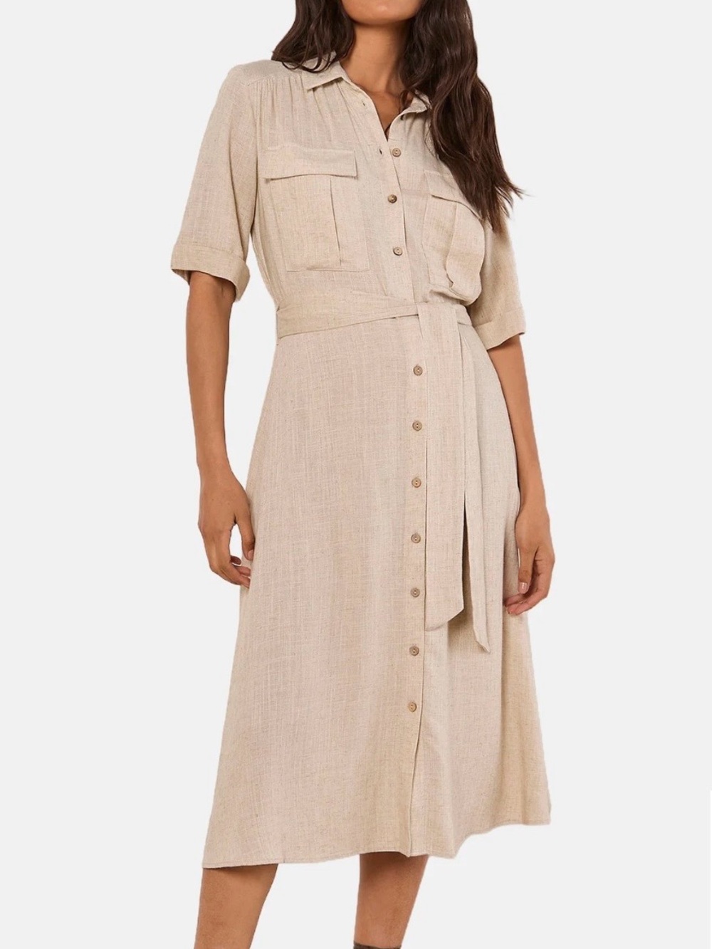 Sz M⭐️NWT APRICOT Stone Linen Blend Button-Front Midi Shirt Dress - Picture 9 of 12
